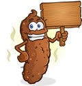 Poop Cartoon Character Holding a Blank Wooden Sign
