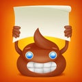 Poop emoticon cartoon character with paper banner