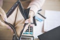 Poor Asian woman hand open empty purse looking for money having problem bankrupt Royalty Free Stock Photo