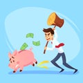 Poor bankrupt businessman office worker character running chase piggy bank with hammer. Financial crisis problems flat cartoon ill Royalty Free Stock Photo