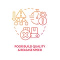 Poor build quality and output speed red gradient concept icon