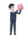 Poor businessman shakes empty piggy bank. Business ruin, poverty, lack of savings concept illustration. Isolated on