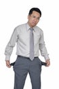 Poor businessman showing empty pants pockets on white background, Concept of bankruptcy. Royalty Free Stock Photo