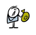 A poor cartoon man is holding a bag of money from the bank.