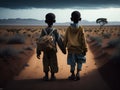 Poor children hand in hand across the inhospitable African desert