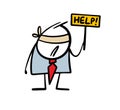 Poor confused blindfolded businessman asks for help. Vector illustration of cartoon blind man holding a sign with a call