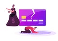 Poor Confused Man Stand on Knees, Beggar Character Begging at Huge Broken Credit Card. Society Pauperization, No Money Royalty Free Stock Photo