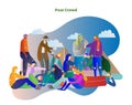 Poor crowd vector illustration. Homeless man, woman and elder people standing, sleeping and talking in cold winter near shelter.