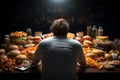 Poor dietary habits Rear view of man eating unhealthy food, promoting awareness