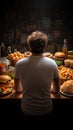 Poor dietary habits Rear view of man eating unhealthy food, promoting awareness