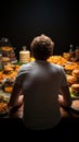 Poor dietary habits Rear view of man eating unhealthy food, promoting awareness