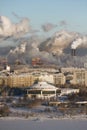 Poor environment in the city. Environmental disaster. Harmful emissions into the environment. Smoke and smog Royalty Free Stock Photo