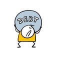 Poor exhausted stickman suffers and carries huge heavy load. Vector illustration of cartoon man and money debt to bank