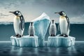 A Poor Family Of Penguins Standing On A Block Of Ice Floating On Water. Generative AI