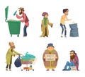 Poor and homeless adults people. Vector characters set