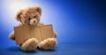 Poor homeless child begging. Teddy bear sad, holding a blank cardboard sign Royalty Free Stock Photo