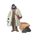 Poor homeless man dressed in ragged clothes standing beside carton box and garbage bags and holding pouch full of glass