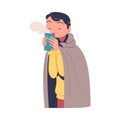 Poor Homeless Man Drinking Hot Steaming Tea Warming Vector Illustration