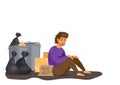 A poor, homeless man sits on the floor near a trash can. need help from fellow human beings together flat style cartoon vector Royalty Free Stock Photo