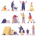 Poor homeless people. Hungry, dirty beggar characters, adult homeless unemployed need help and money vector illustration