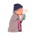 Poor Homeless Woman Drinking Hot Steaming Tea Warming Vector Illustration