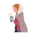 Poor Homeless Woman Drinking Hot Steaming Tea Warming Vector Illustration