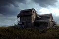 Poor impoverished dilapidated wooden house in desolate landscape, created with Generative AI technology