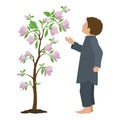 Poor little boy standing near a flowering tree. Isolated Vector Illustration