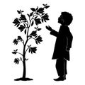 Poor little boy standing near a flowering tree. Silhouette. Isolated Vector Illustration