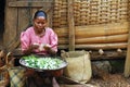 Poor Malagasy woman preparing food in front of cabin Royalty Free Stock Photo