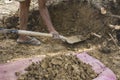 A poor man digging into the ground with a shovel, excavating a hole for a house foundation. Menial and unskilled job