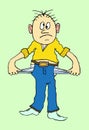 Poor man. Empty pockets . Cartoon character.  Vector illustration in flat design Royalty Free Stock Photo