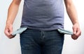 Poor man in jeans with empty pocket. No money concept Royalty Free Stock Photo