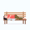 Poor man sleeping outdoor drunk beggar lying on wooden bench homeless jobless concept white background full length Royalty Free Stock Photo