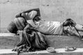 A poor man sleeping on Varanasi ghaat .Holly Ganga ghaat.