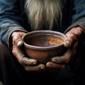 Poor old mans hands with empty bowl, symbolizing hunger and poverty