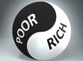 Poor and rich in balance - pictured as words Poor, rich and yin yang symbol, to show harmony between Poor and rich, 3d