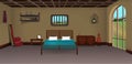 Village poor room inside with big window cartoon background, Poor house room interior vector illustrations.