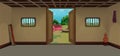 Village room inside vector, poor mud house room interior cartoon background illustrations.