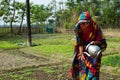 A poor rural woman taking care of her vegetables planted in her lands and giving water to the cultivation