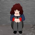 Poor, sad little child girl sitting against the concrete wall. vector illustration. Royalty Free Stock Photo
