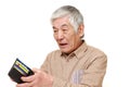 Poor senior Japanese man looking at his own empty wallet Royalty Free Stock Photo