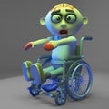 Poor undead zombie monster is very slow in his wheelchair, 3d illustration