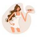 A poor, unhappy girl with obvious signs of anorexia is holding a plate of salad. A young woman in a white dress wants to