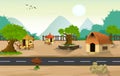 Lovely nature landscape village evening illustration, with stylish flat design, road, trees, banner and sand field