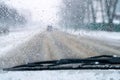 Poor visibility on the road. car rides on slippery road. snow and rain on the windshield. blurred background. bad weather