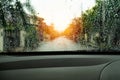 Poor vision rain drops on car glass in rainy days Royalty Free Stock Photo