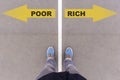 Poor vs Rich text arrows on asphalt ground, feet and shoes on fl