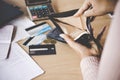 Poor woman hand open empty purse looking for money Royalty Free Stock Photo