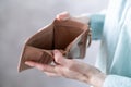 Poor woman hand open empty wallet looking for money ,broke ,bankrupt concept. Royalty Free Stock Photo